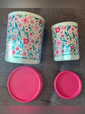 Tupperware Floral Kitchen Canister Set in Pink and Teal